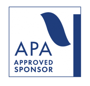 White background with blue geometric shape, text reads "APA Approved Sponsor."