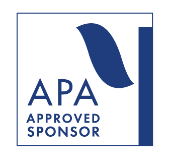 White background with blue geometric shapes. Text reads "APA Approved Sponsor."