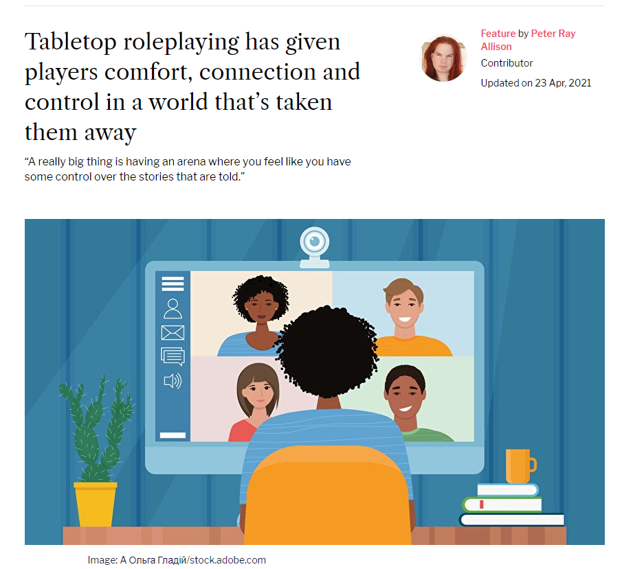 Image of a news headline reading "Tabletop roleplaying has given players comfort, connection and control in a world that’s taken them away