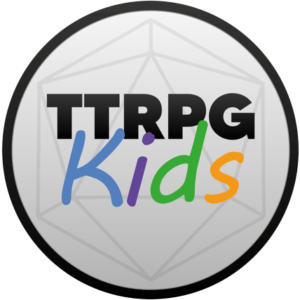 TTRPGkids logo over a grey d20 background