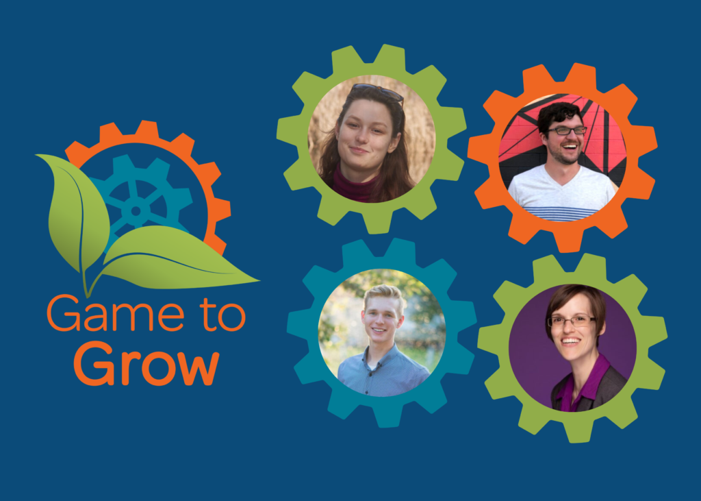 Image with Game to Grow logo and four smiling faces positioned in the center of orange, green, and blue gears